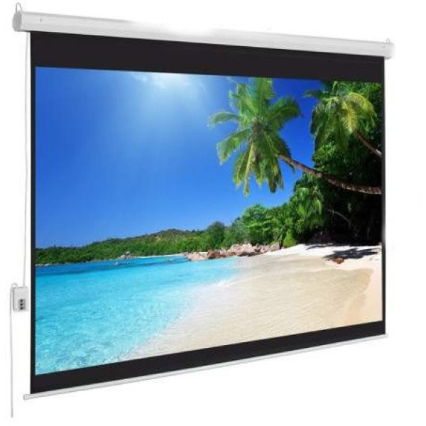 Apollo 96x 96 Electric Projection Screen displayed in a modern setting, showcasing its sleek design and functionality